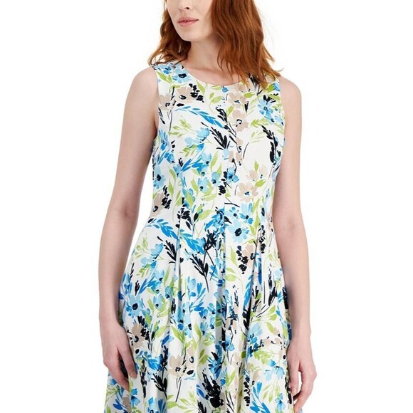 Kasper Women's Linen-Blend Printed Sleeveless Flared-Skirt Dress White Multi 16 - Picture 3 of 14